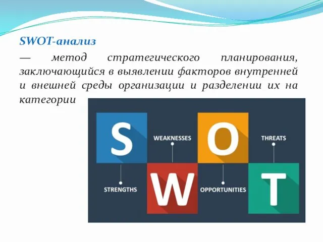 SWOT-анализ — метод стратегического планирования, заключающийся в выявлении факторов внутренней и внешней среды