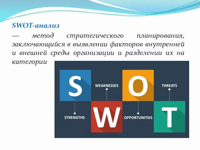 SWOT-анализ — метод стратегического планирования, заключающийся в выявлении факторов внутренней