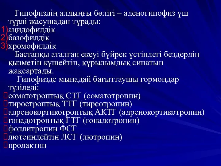 Гипофиздің алдыңғы бөлігі – аденогипофиз үш түрлі жасушадан тұрады: ацидофилдік