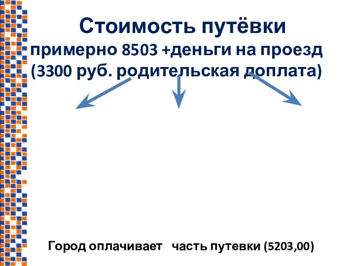 Стоимость путёвки примерно 8503 +деньги на проезд (3300 руб. родительская доплата) Город оплачивает часть путевки (5203,00)