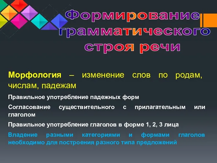 Морфология – изменение слов по родам, числам, падежам Правильное употребление падежных форм Согласование