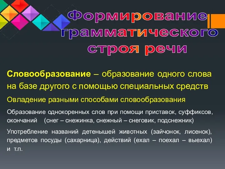 Словообразование – образование одного слова на базе другого с помощью специальных средств Овладение