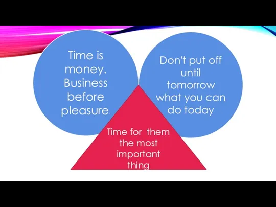 Time is money. Business before pleasure. Don't put off until tomorrow what you