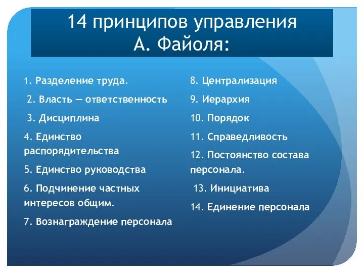 14 принципов управления А. Файоля: 1. Разделение труда. 2. Власть