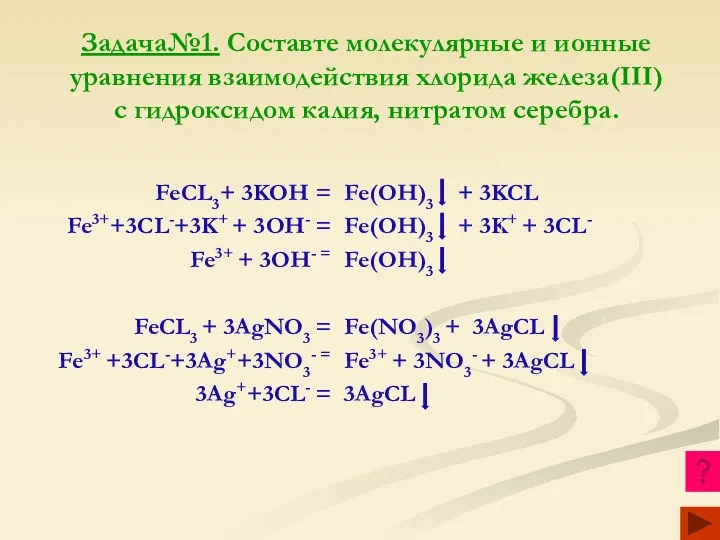 Задача№1. Составте молекулярные и ионные уравнения взаимодействия хлорида железа(III) с