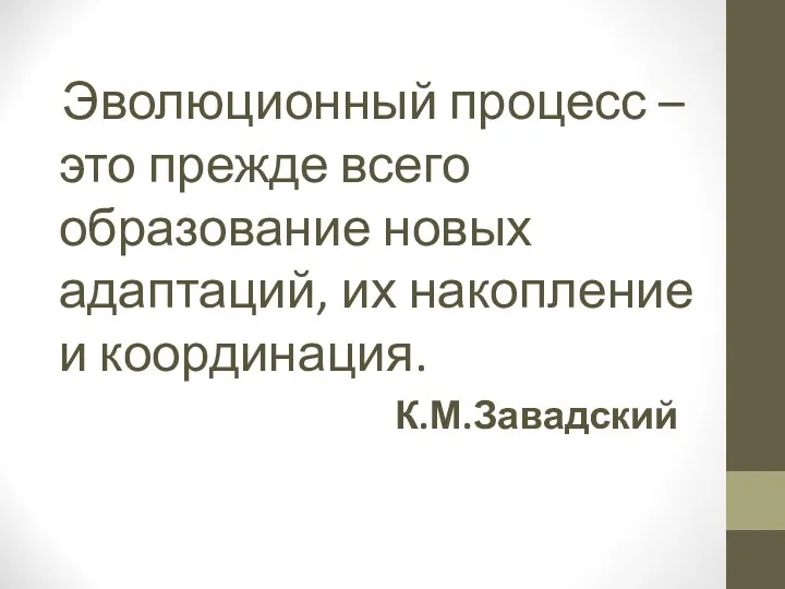 Эволюционный процесс –это прежде всего образование новых адаптаций, их накопление и координация. К.М.Завадский