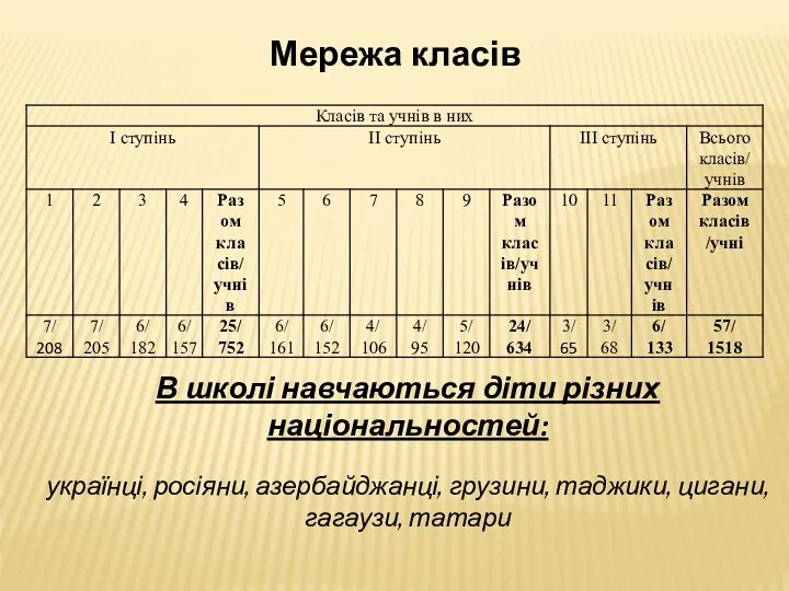 Мережа класів В школі навчаються діти різних національностей: українці, росіяни, азербайджанці, грузини, таджики, цигани, гагаузи, татари