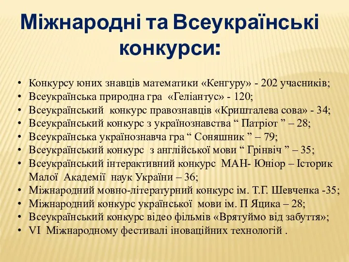 Міжнародні та Всеукраїнські конкурси: Конкурсу юних знавців математики «Кенгуру» -