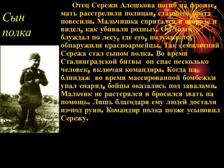 Сын полка Отец Сережи Алешкова погиб на фронте, мать расстреляли полицаи, старшего брата
