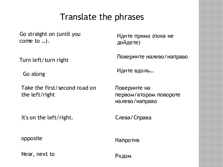 Translate the phrases Go straight on (until you come to …). Turn left/turn