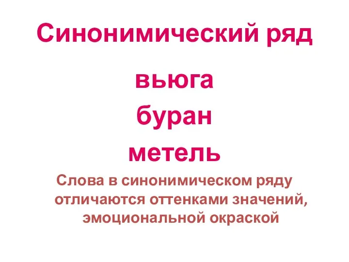 Синонимический ряд вьюга буран метель Слова в синонимическом ряду отличаются оттенками значений, эмоциональной окраской