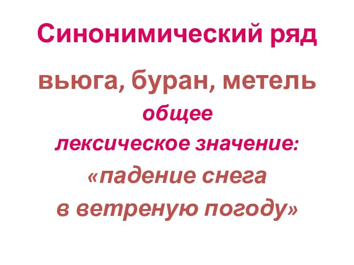 Синонимический ряд вьюга, буран, метель общее лексическое значение: «падение снега в ветреную погоду»