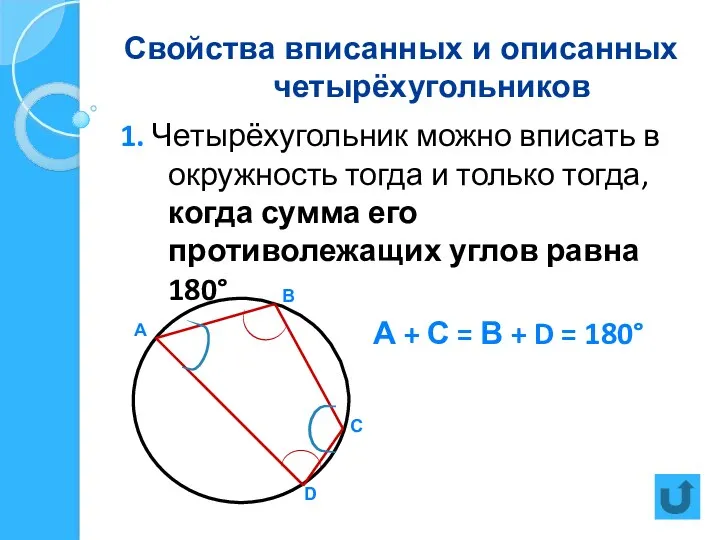 Свойства вписанных и описанных четырёхугольников 1. Четырёхугольник можно вписать в окружность тогда и