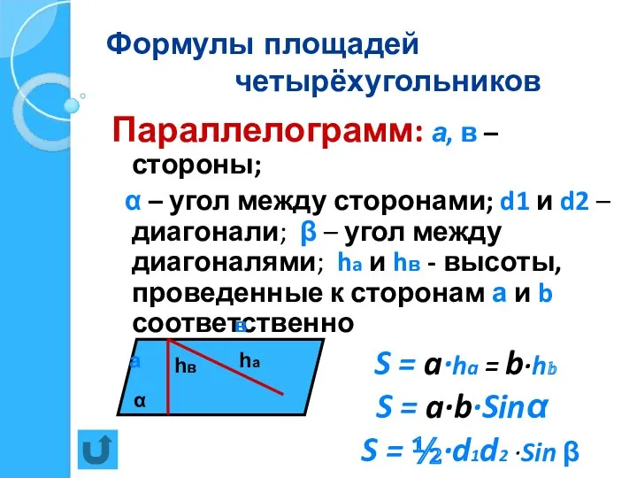 Формулы площадей четырёхугольников Параллелограмм: а, в – стороны; α –