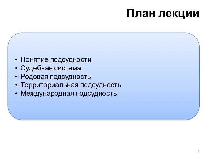 План лекции Понятие подсудности Судебная система Родовая подсудность Территориальная подсудность Международная подсудность