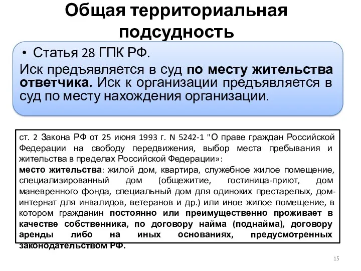 Общая территориальная подсудность Статья 28 ГПК РФ. Иск предъявляется в суд по месту