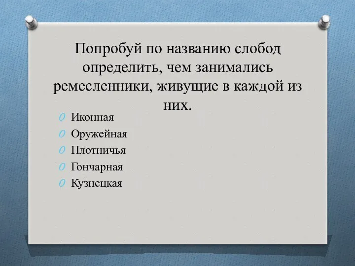 Попробуй по названию слобод определить, чем занимались ремесленники, живущие в