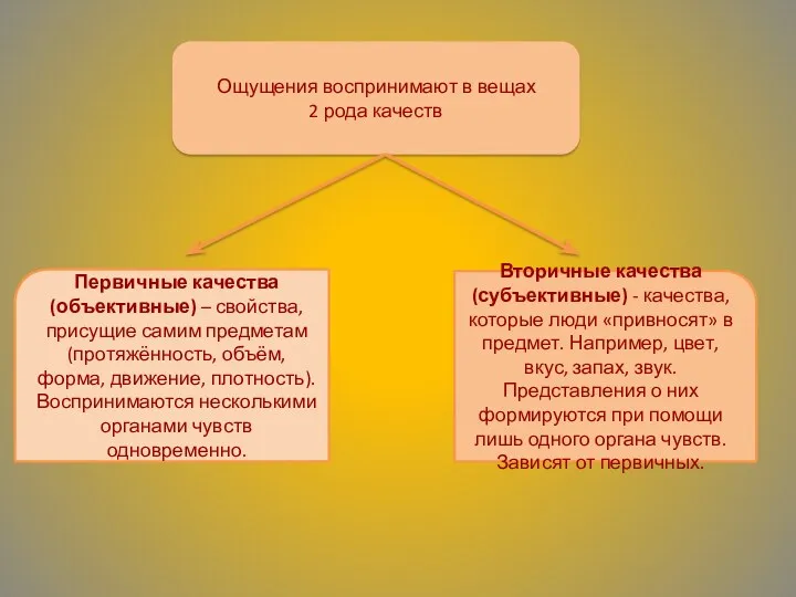 Ощущения воспринимают в вещах 2 рода качеств Вторичные качества (субъективные) - качества, которые