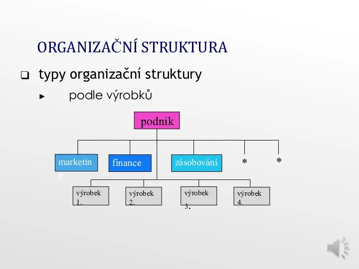 ORGANIZAČNÍ STRUKTURA typy organizační struktury podle výrobků podnik marketing finance