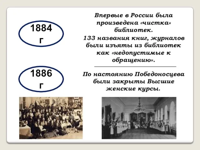 1884 г Впервые в России была произведена «чистка» библиотек. 133 названия книг, журналов