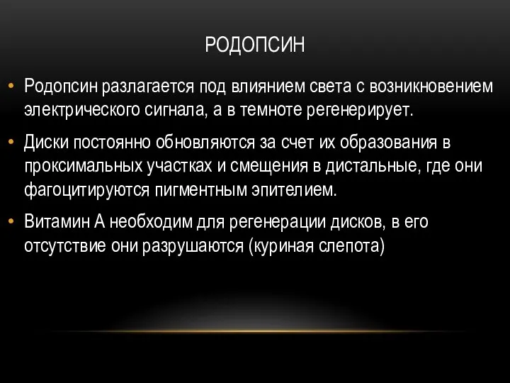 РОДОПСИН Родопсин разлагается под влиянием света с возникновением электрического сигнала,