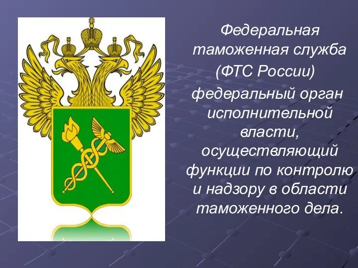 Федеральная таможенная служба (ФТС России) федеральный орган исполнительной власти, осуществляющий функции по контролю
