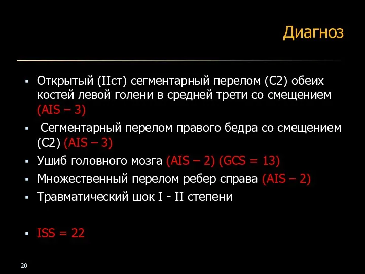 Диагноз Открытый (IIст) сегментарный перелом (С2) обеих костей левой голени