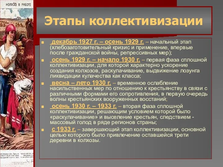 Этапы коллективизации декабрь 1927 г. – осень 1929 г. –