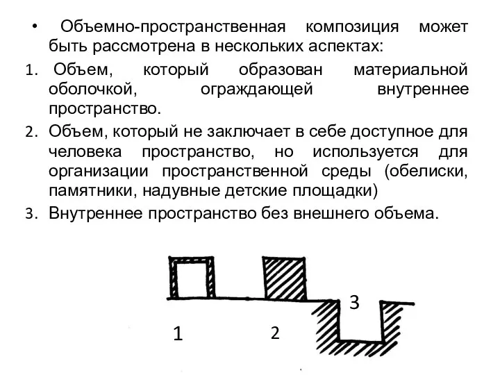 Объемно-пространственная композиция может быть рассмотрена в нескольких аспектах: Объем, который