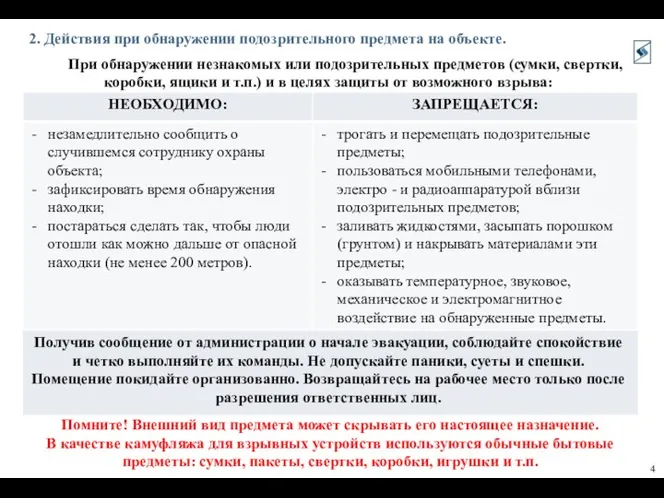 2. Действия при обнаружении подозрительного предмета на объекте. При обнаружении