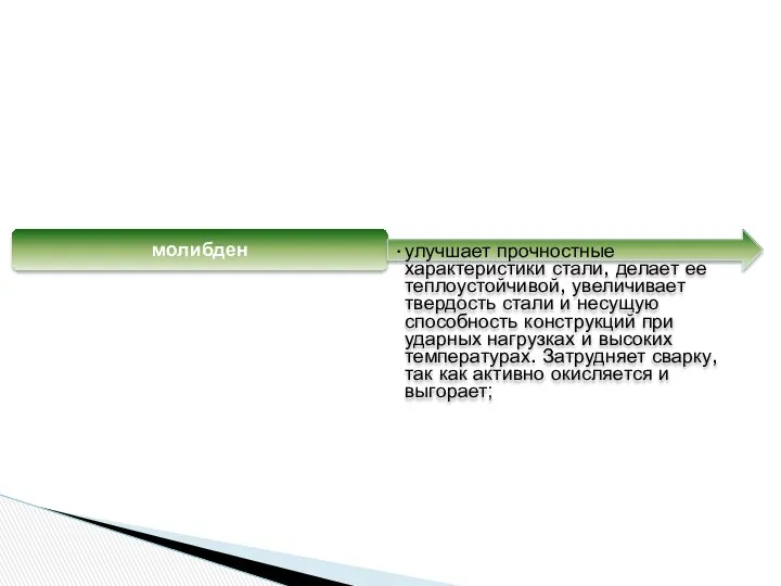 молибден улучшает прочностные характеристики стали, делает ее теплоустойчивой, увеличивает твердость стали и несущую
