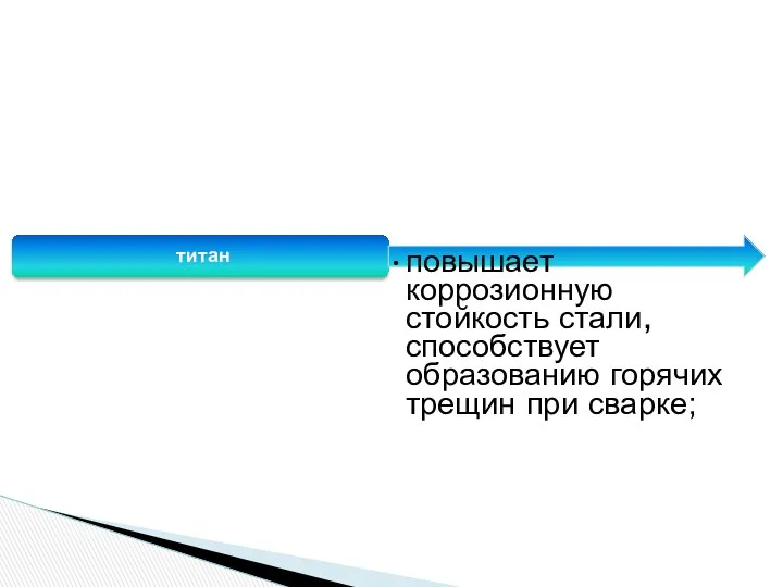 титан повышает коррозионную стойкость стали, способствует образованию горячих трещин при сварке;