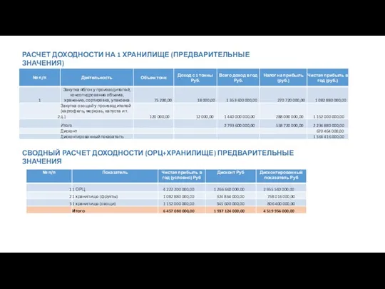 РАСЧЕТ ДОХОДНОСТИ НА 1 ХРАНИЛИЩЕ (ПРЕДВАРИТЕЛЬНЫЕ ЗНАЧЕНИЯ) СВОДНЫЙ РАСЧЕТ ДОХОДНОСТИ (ОРЦ+ХРАНИЛИЩЕ) ПРЕДВАРИТЕЛЬНЫЕ ЗНАЧЕНИЯ