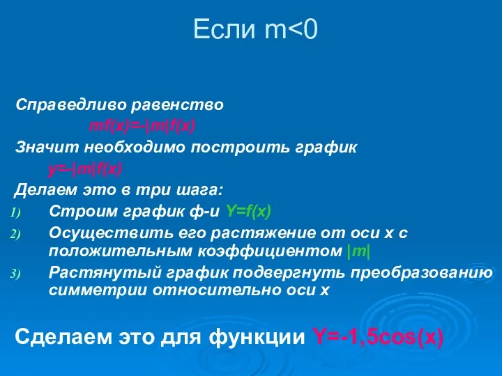 Если m Справедливо равенство mf(x)=-|m|f(x) Значит необходимо построить график y=-|m|f(x)