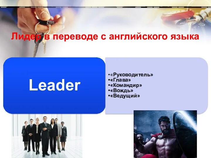 Лидер в переводе с английского языка Leader «Руководитель» «Глава» «Командир» «Вождь» «Ведущий»