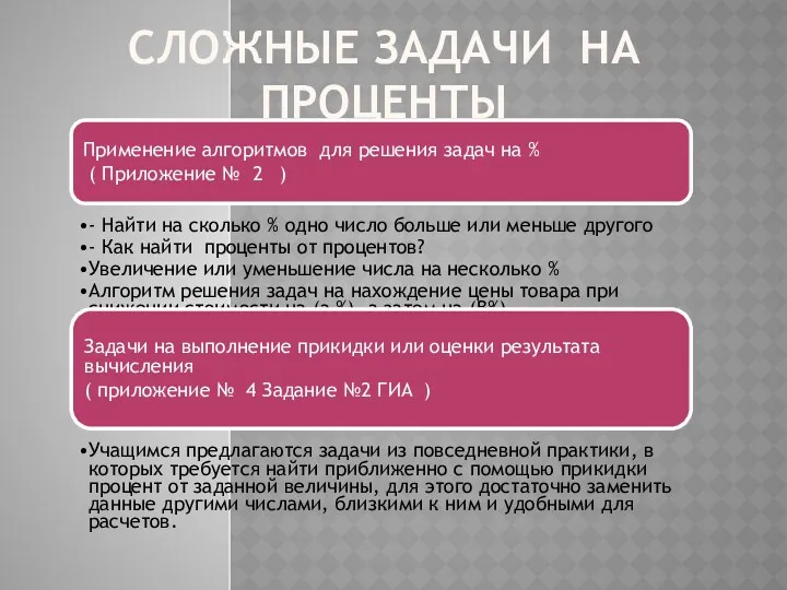 СЛОЖНЫЕ ЗАДАЧИ НА ПРОЦЕНТЫ Применение алгоритмов для решения задач на