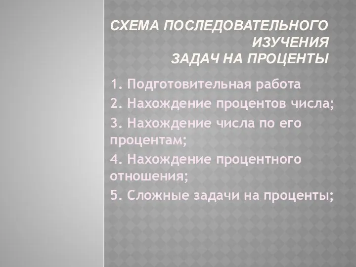 СХЕМА ПОСЛЕДОВАТЕЛЬНОГО ИЗУЧЕНИЯ ЗАДАЧ НА ПРОЦЕНТЫ 1. Подготовительная работа 2.