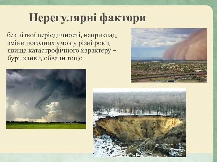 Нерегулярні фактори без чіткої періодичності, наприклад, зміни погодних умов у