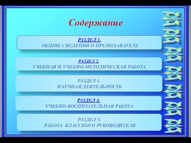 Содержание РАЗДЕЛ 1. ОБЩИЕ СВЕДЕНИЯ О ПРЕПОДАВАТЕЛЕ РАЗДЕЛ 2. УЧЕБНАЯ