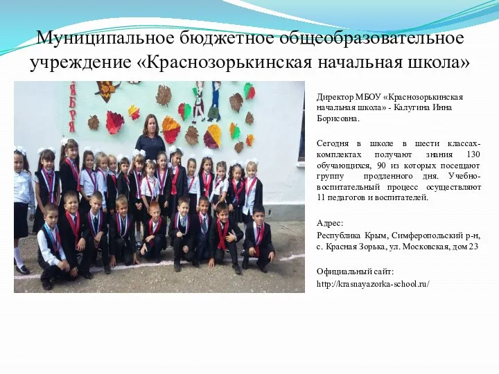 Муниципальное бюджетное общеобразовательное учреждение «Краснозорькинская начальная школа» Директор МБОУ «Краснозорькинская начальная школа» -