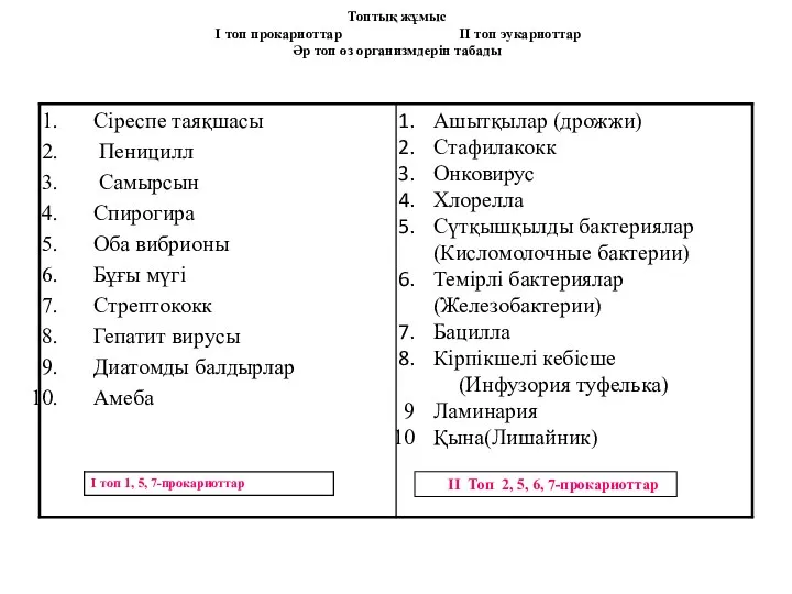 Топтық жұмыс I топ прокариоттар II топ эукариоттар Әр топ