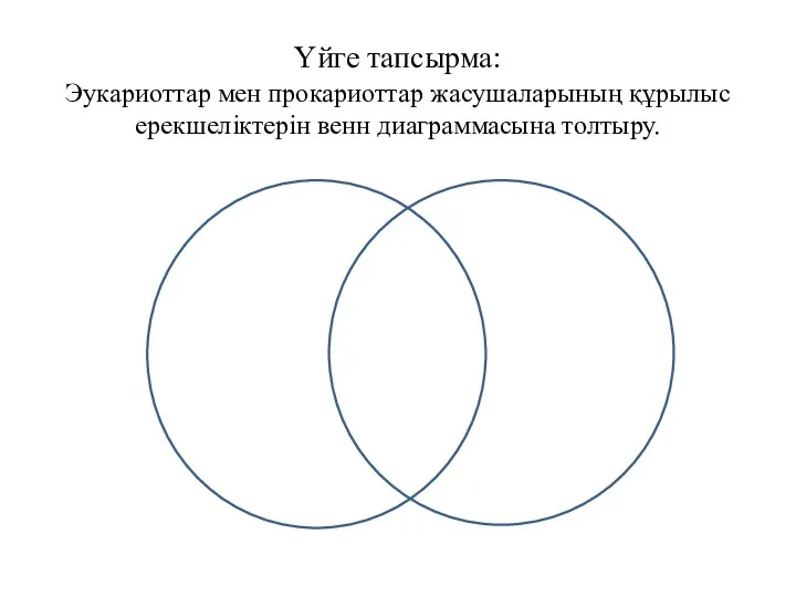 Үйге тапсырма: Эукариоттар мен прокариоттар жасушаларының құрылыс ерекшеліктерін венн диаграммасына толтыру.