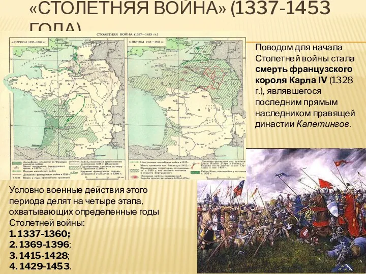 «СТОЛЕТНЯЯ ВОЙНА» (1337-1453 ГОДА) Поводом для начала Столетней войны стала