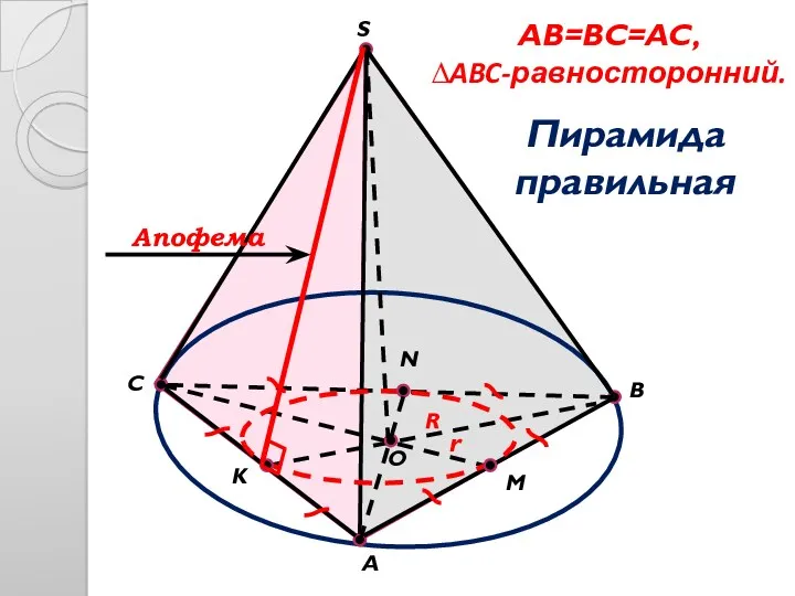 C B A S O M N K AB=BC=AC, ∆ABC-равносторонний. Пирамида правильная r R Апофема