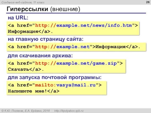 Гиперссылки (внешние) Информация . на URL: на главную страницу сайта: