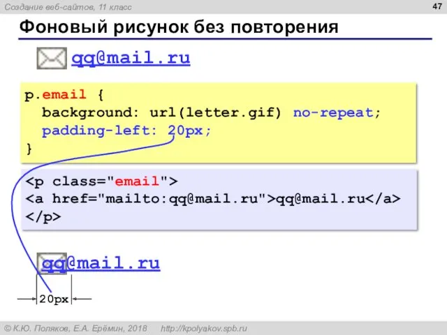 Фоновый рисунок без повторения p.email { background: url(letter.gif) no-repeat; padding-left: 20px; } qq@mail.ru qq@mail.ru qq@mail.ru