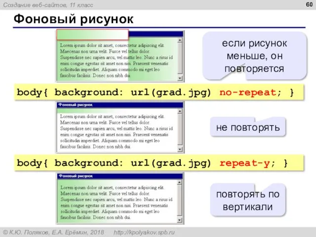 Фоновый рисунок body{ background: url(grad.jpg) no-repeat; } body{ background: url(grad.jpg)