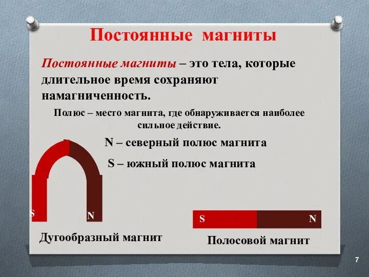 Постоянные магниты N – северный полюс магнита S – южный