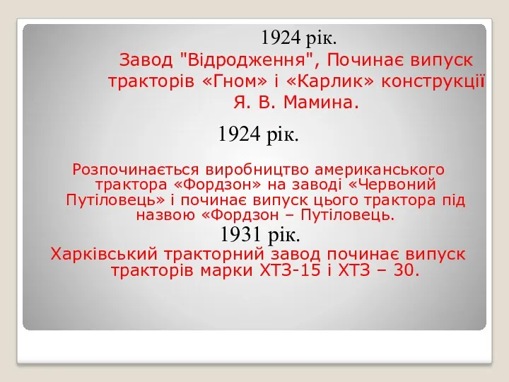 1924 рік. Завод "Відродження", Починає випуск тракторів «Гном» і «Карлик»