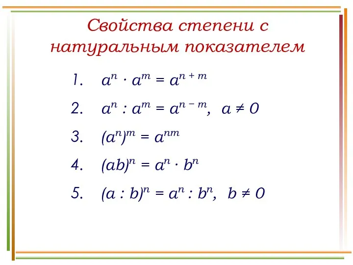 Свойства степени с натуральным показателем an ∙ am = an